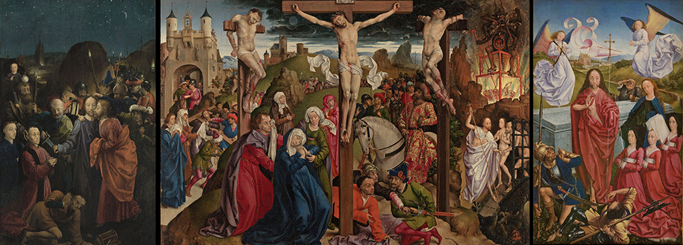 Triptyc of the Master of the Dreux Budé. The central piece is found int the Paul Getty Museum, While the left panel is kept at the Louvre and the right panel is at Musée Fabre at Montpellier. The triptyc was commissioned by Dreux Budé, the king's secretary and leader of the Parisian Merchants. It was destined for a chapel in the apse at Saint-Gervais. The painter had been identified as André d'Ypres. The panel with the betrayal is one of the oldest nightly scenes in art history. © musée du Louvre, département des Peintures, RF 2015-3, Paul Getty Museum, 79.PB.177, and Montpellier, musée Fabre, inv. 892.4.7