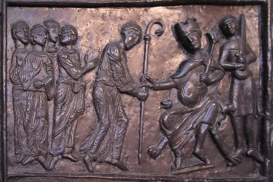 Otto II invests Adalbert aka Wojciech as bishop and appoints him missionary. from the bronze doors from Gniezno Doors c. 1160-80