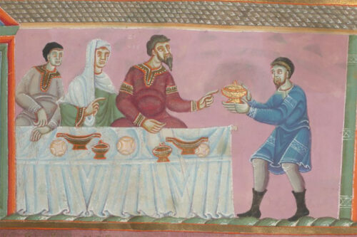 The Rich man is feasting. From The Codex Aureaus Epteracensis fol 159. Germanisches Nationamuseum , Nürnberg. Public Domain