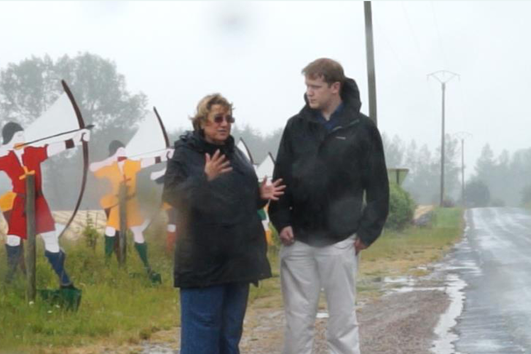 Anne Curry in the rain at Agincourt