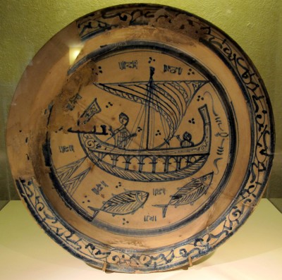 Cramic Bowl from 1175 -1225 showing Mediterranean ship. From National Museum of San Matteo, Pisa. Source Wikipedia/Saiko