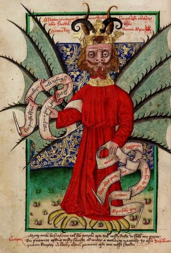 Satan distributing indulgences, an illumination from a Czech manuscript, 1490s; Jan Hus (the main leader of the Bohemian Reformation) condemned the selling of indulgences already in 1412. Source: Wikipedia