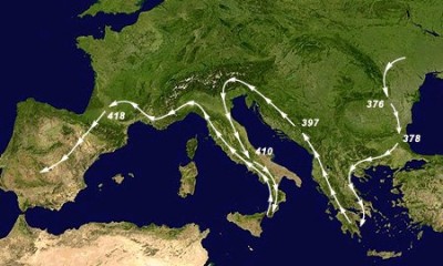 The old-fashioned Historical way of depicting the migration of the Visigoths. Source. Wikipedia