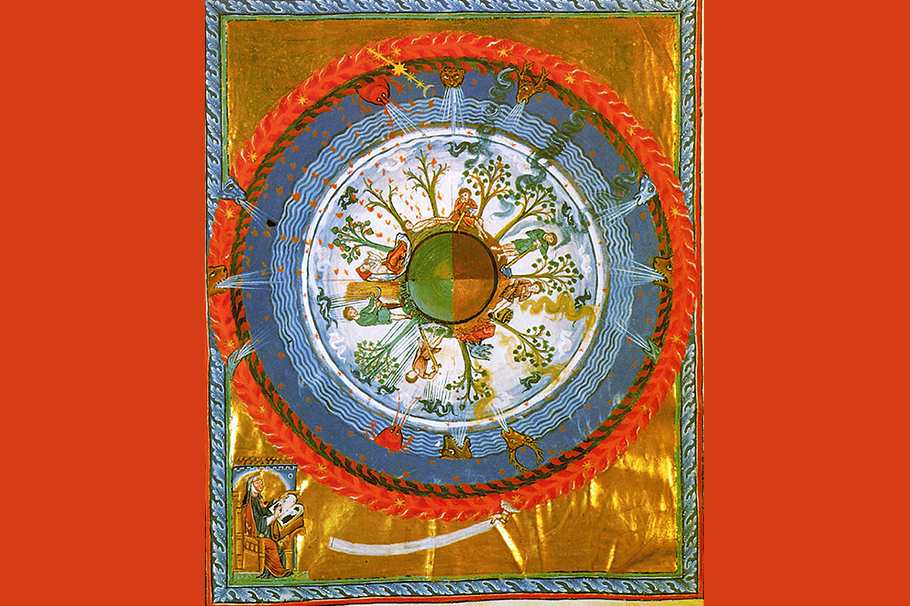 Hildegard of Bingen's Vision of the Earth as a sphere. From Liber Divinorum Operum Source: Wikipedia/Web Gallery of Art (Original in Biblioteca Statale di Lucca, MS 1942, fol. 1v (early 13th-cen.)