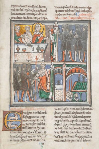 Illumination showing Becket’s martyrdom from a manuscript containing Alan of Tewkesbury’s Collection of St Thomas Becket’s Letters and John of Salisbury’s Life of St Thomas Becket. England, mid-1180s. © The British Library.