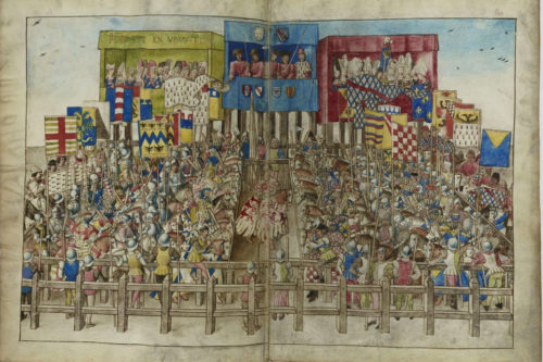 King René's Tournament Book, Ms. fr. 2693 56v/57r. Source: Wikipedia