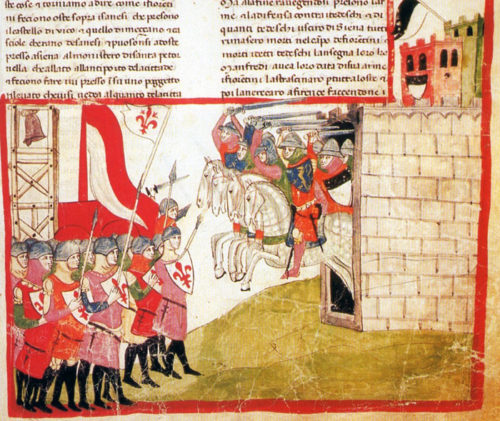 The Battle of Montaperti from an illustrated manuscript of Giovanni Villani's Nuova Cronica in the Vatican Library (ms. Chigiano L VIII 296 - Biblioteca