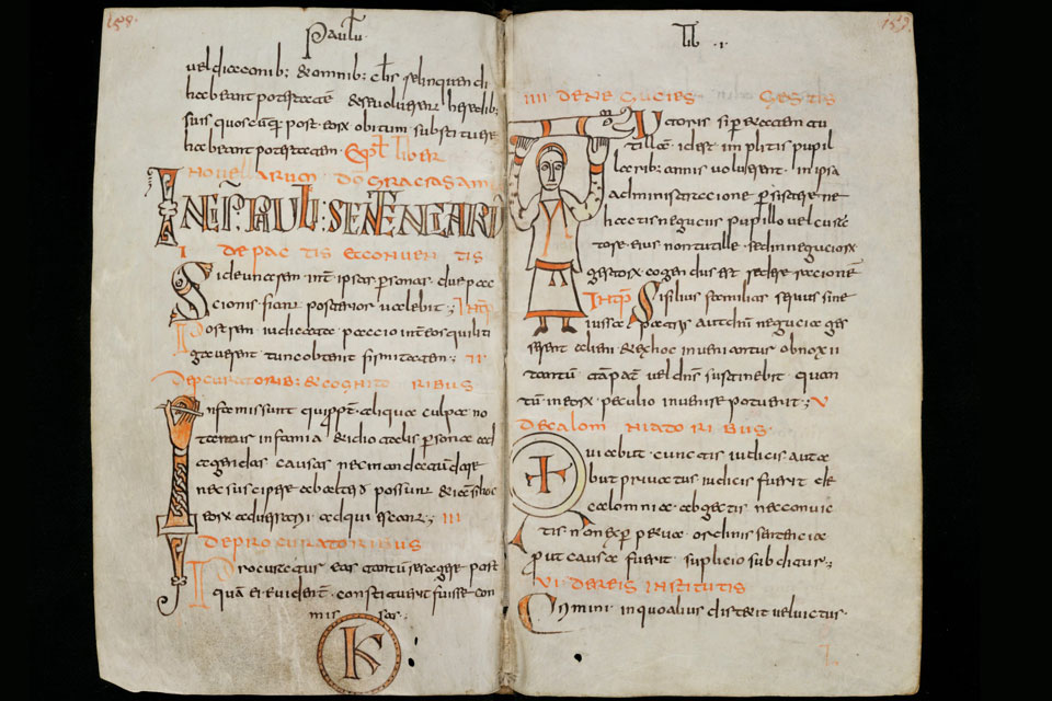 The so-called Wandalgarius manuscript containing the "Lex Romana Visigothorum", the "Lex Salica" and the "Lex Alamannorum". St. Gallen, Cod. Sang. 731 p. 158 -59