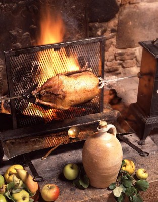 Goose roasting in fireplace