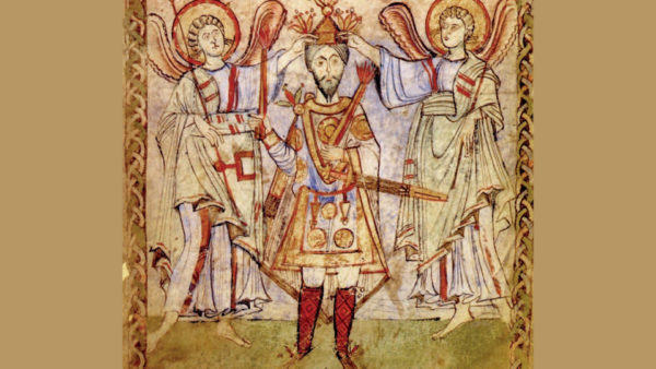 Picture of an emperor, probably Otto II, who is crowned by angels. The emperor is carrying a sword with a Viking pommel and fitted with a metal tip. From the archive of the Beneventen Archbishop 985 – 87. Città del Vaticano, Biblioteca Apostolica, Vaticana, Vat. Lat. 9820