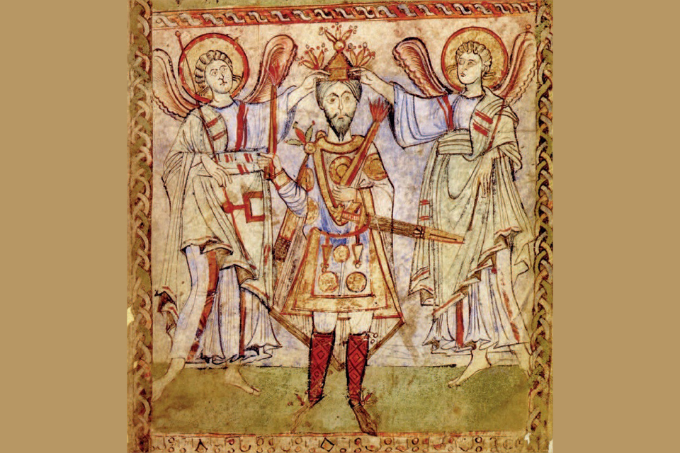 Picture of an emperor, probably Otto II, who is crowned by angels. The emperor is carrying a sword with a Viking pommel and fitted with a metal tip. From the archive of the Beneventen Archbishop 985 – 87. Città del Vaticano, Biblioteca Apostolica, Vaticana, Vat. Lat. 9820