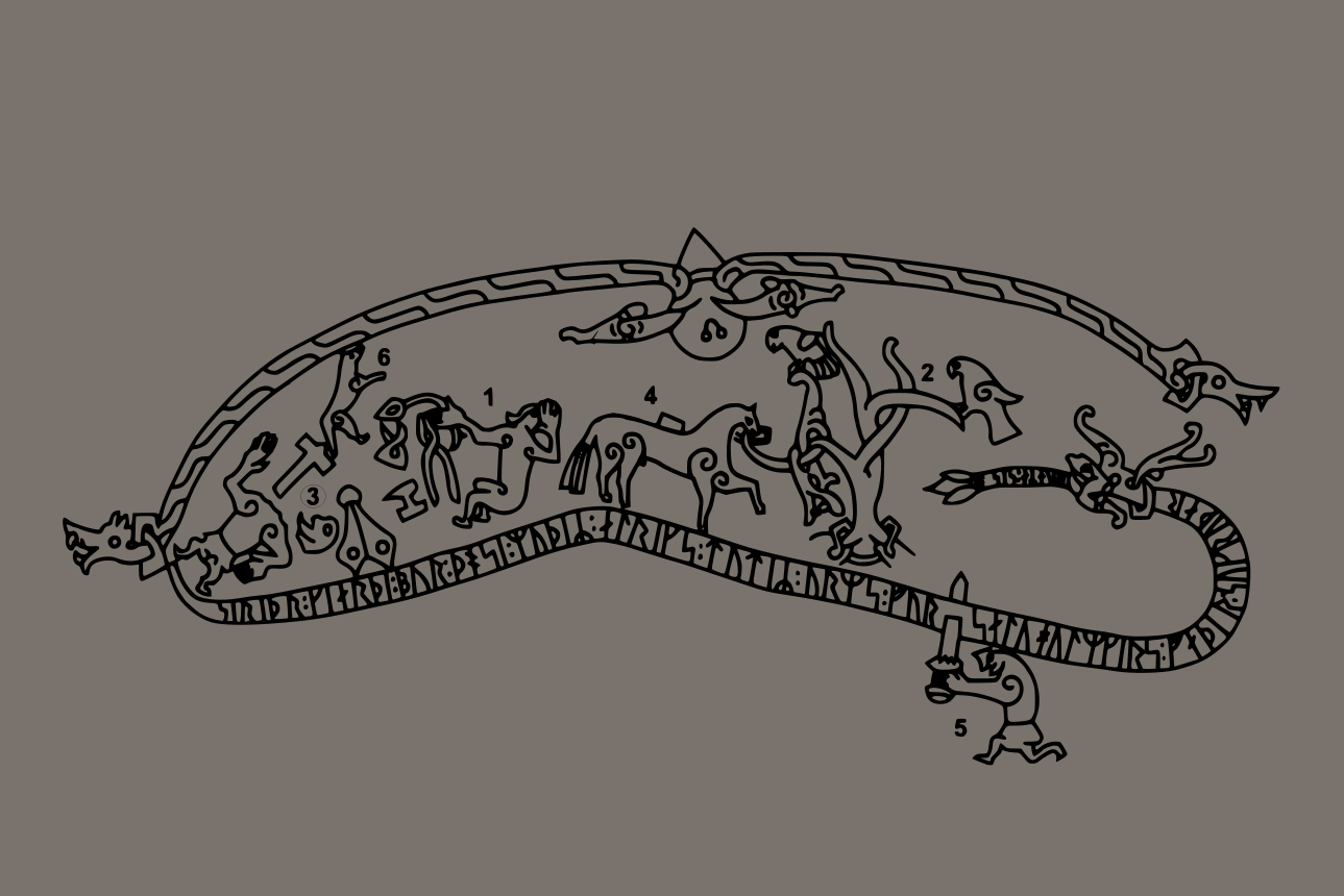 Drawing of the Ramsund carving from c. 1030, illustrating the Völsunga saga on a rock in Sweden. Source: Wikipedia